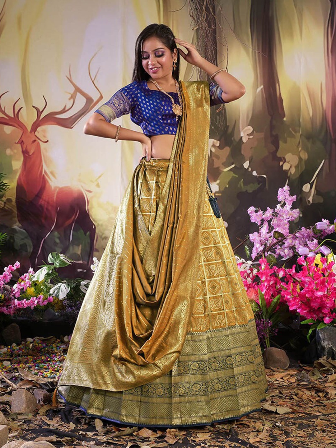 

HALFSAREE STUDIO Woven Design Silk Semi-Stitched Lehenga & Blouse With Dupatta, Mustard