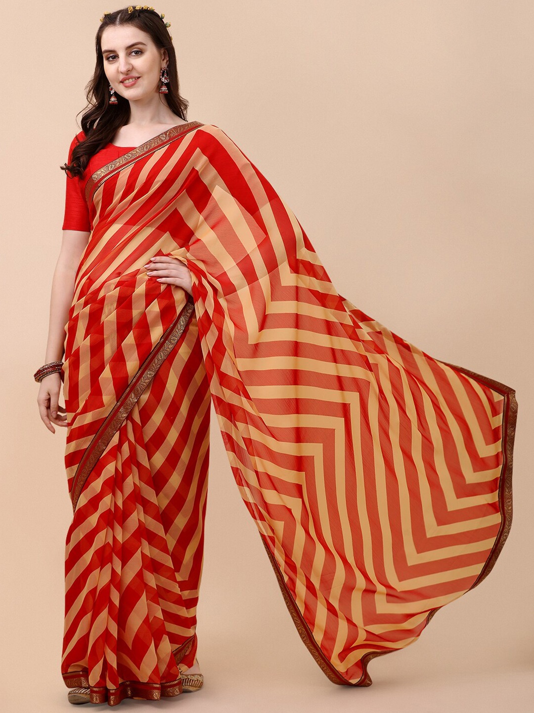

Dori Striped Embellished Saree, Red