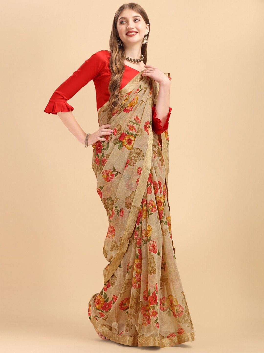

Dori Floral Printed Embellished Saree, Beige