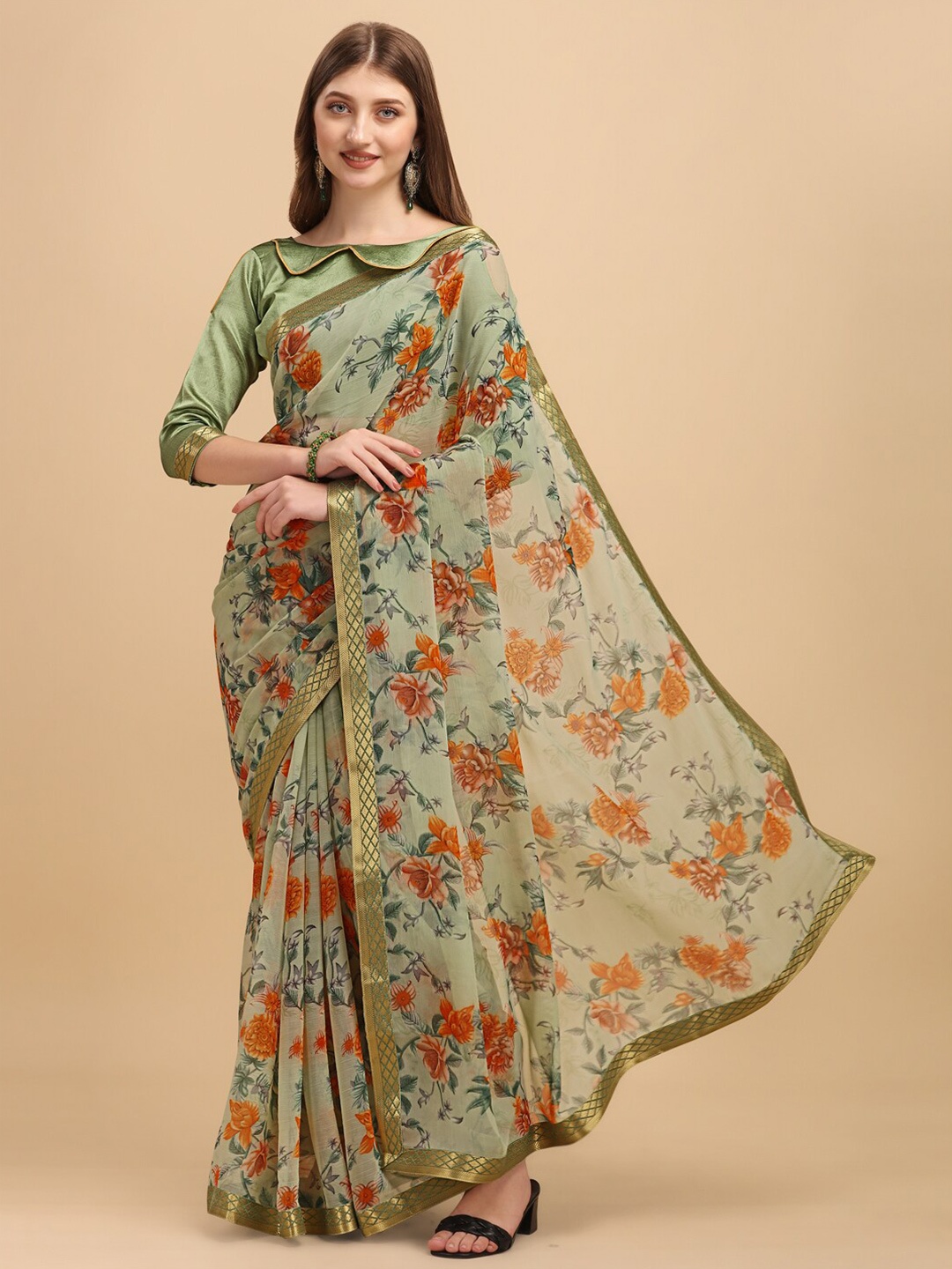 

Dori Floral Printed Embellished Saree, Green