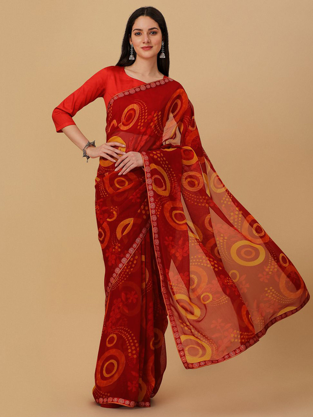 

Dori Geometric Printed Embellished Saree, Red