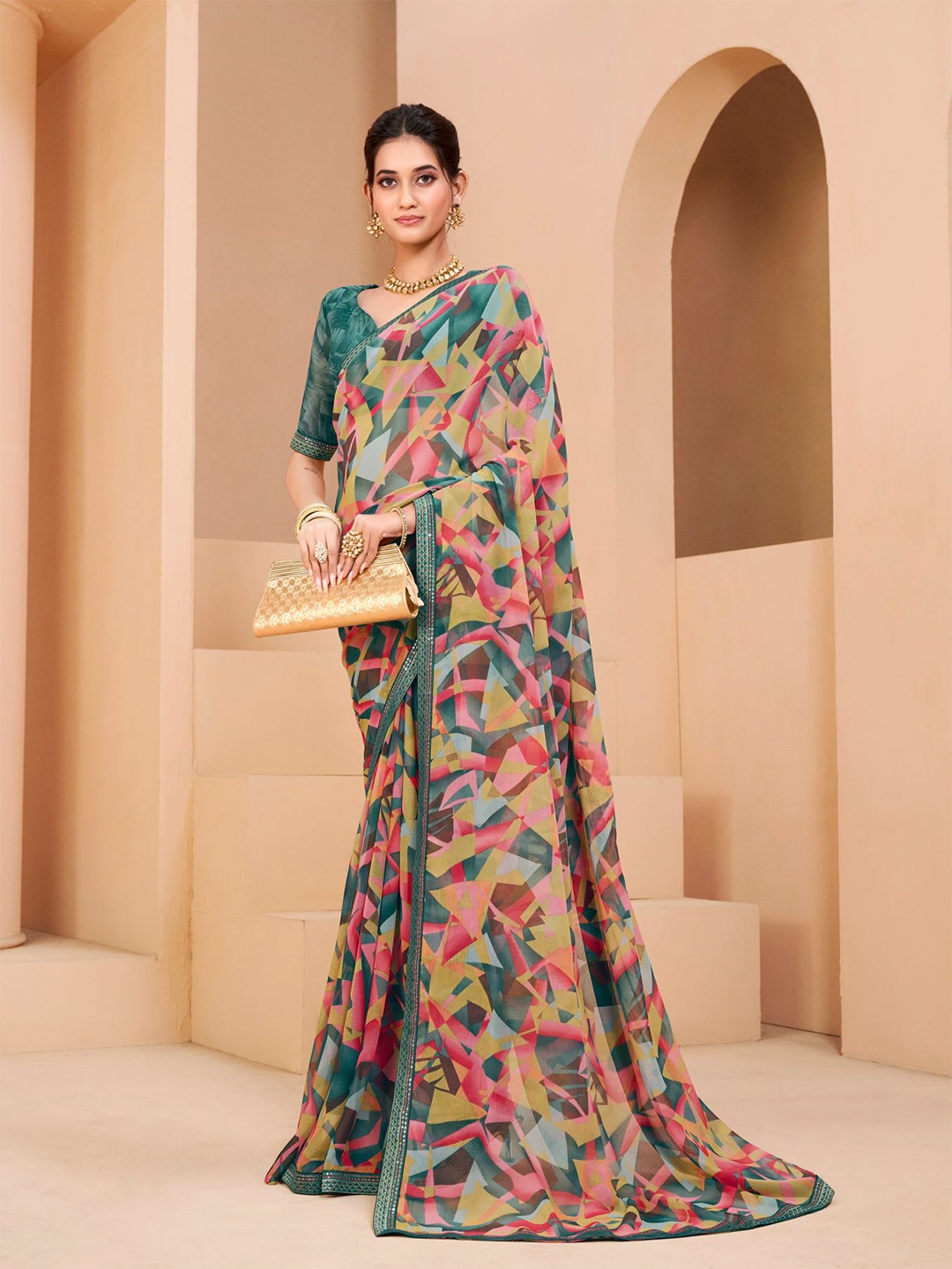 

Dori Geometric Printed Embellished Saree, Green