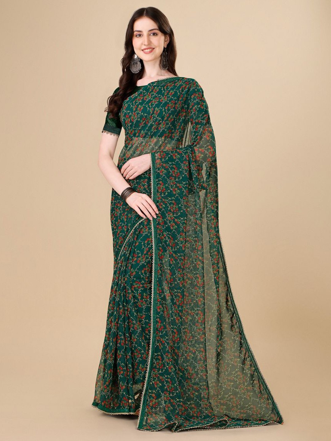 

Dori Floral Printed Embellished Saree, Green
