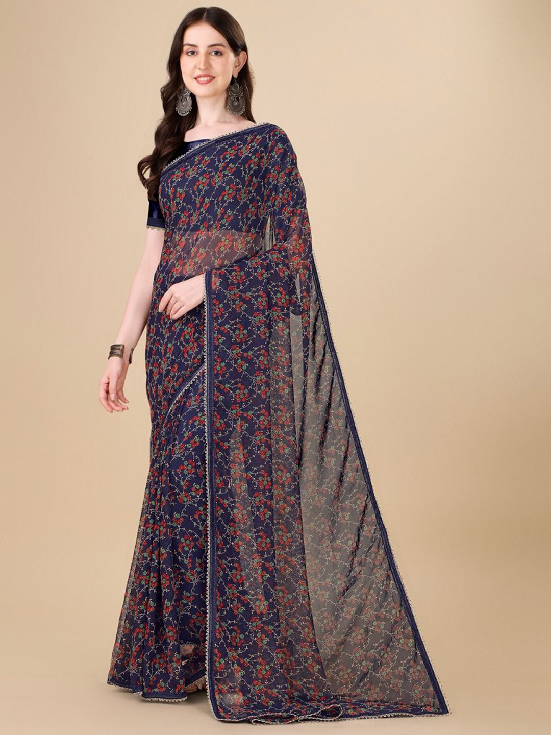 

Dori Floral Printed Embellished Saree, Navy blue