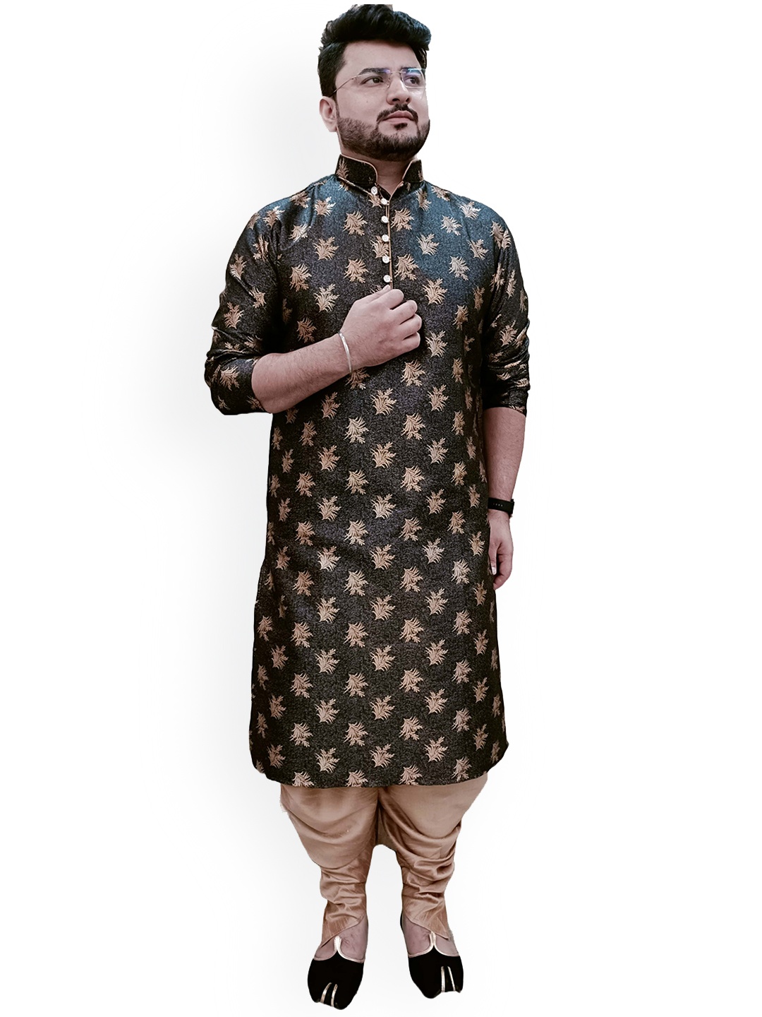 

Larwa Woven Design Jacquard Kurta With Salwar, Black