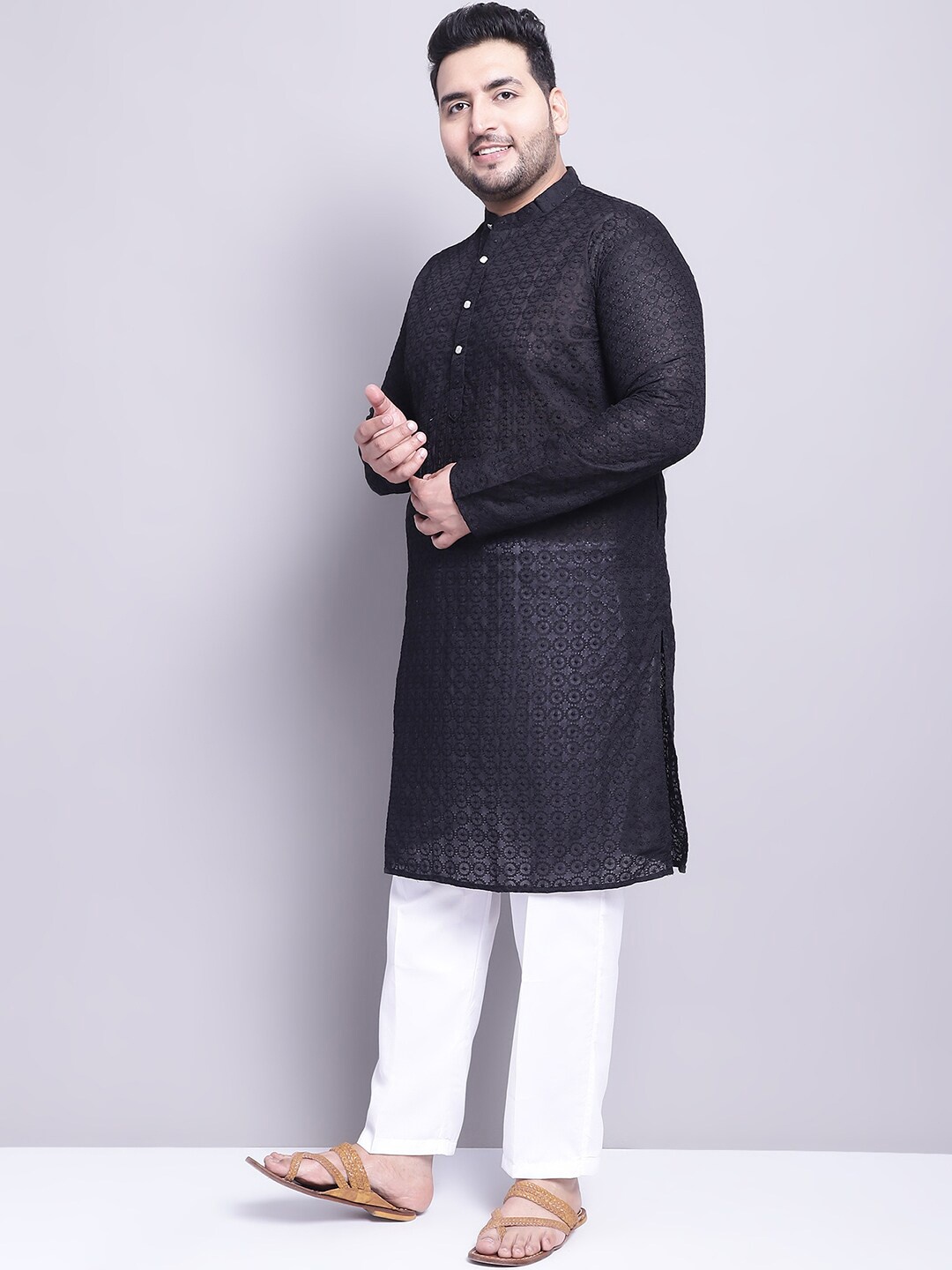 

SOJANYA PLUS Embroidered Thread Work Pure Cotton Kurta with Pyjamas & Nehru Jacket, Black