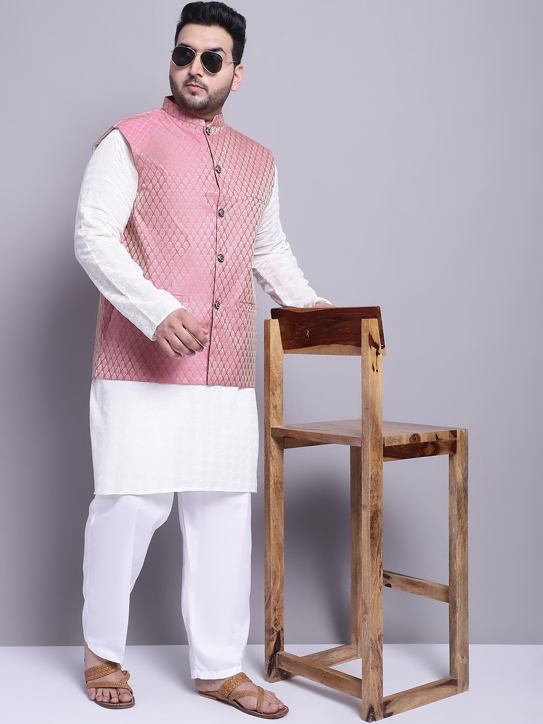 

SOJANYA PLUS Self Design Pure Cotton Kurta With Pyjamas & With Nehru Jacket, White