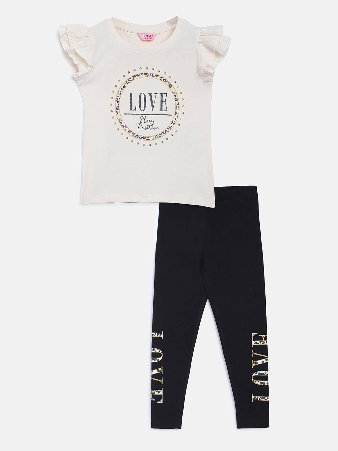 

R&B Girls Printed Pure Cotton Top with Trousers, Black