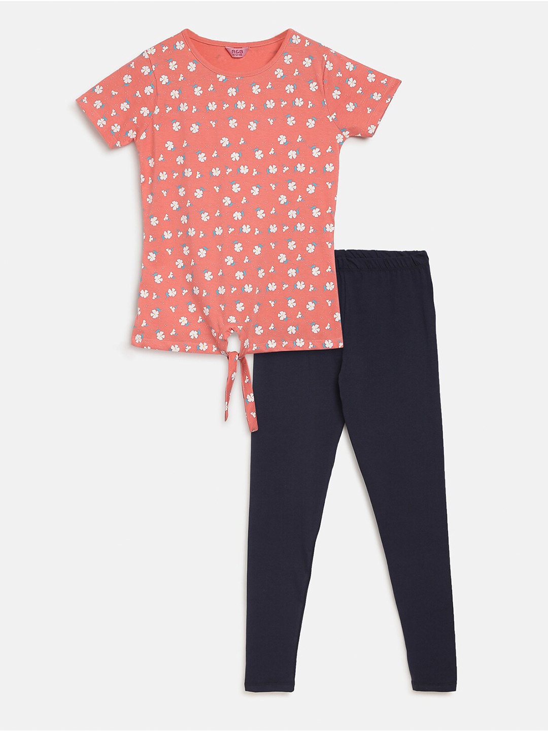 

R&B Girls Printed Pure Cotton Top with Leggings, Peach