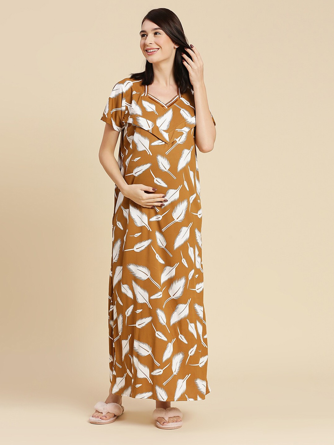 

Pretty Awesome Printed Maternity Feeding Maxi Nightdress, Brown