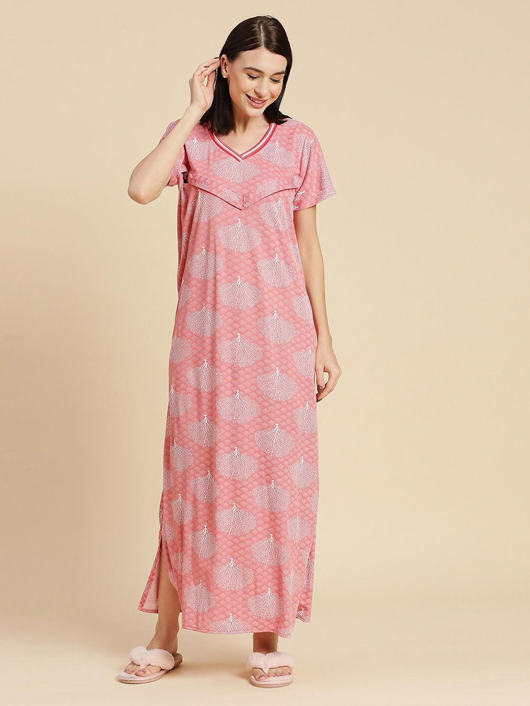 

Pretty Awesome Printed Maternity Feeding Maxi Nightdress, Pink