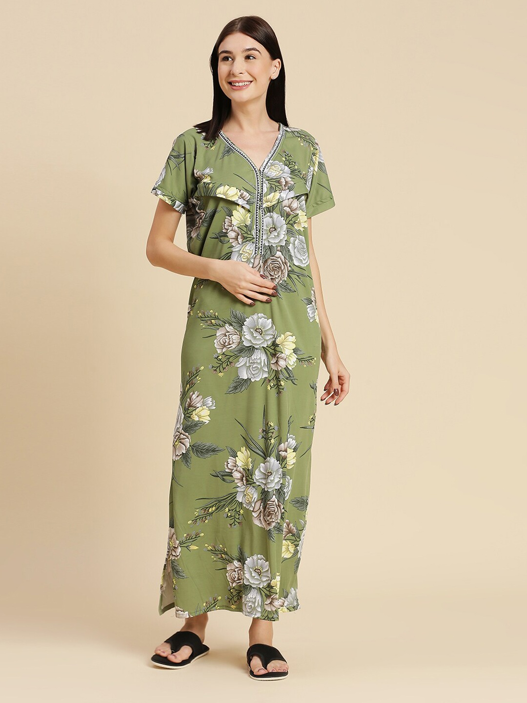 

Pretty Awesome Printed Maternity Feeding Maxi Nightdress, Green