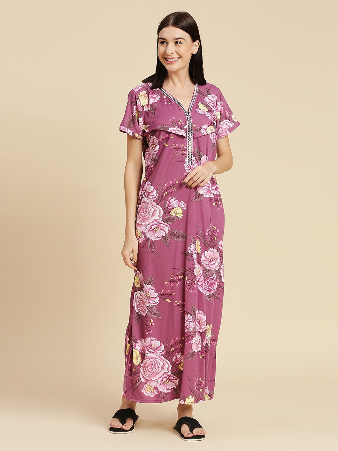 

Pretty Awesome Printed Maternity Feeding Maxi Nightdress, Purple