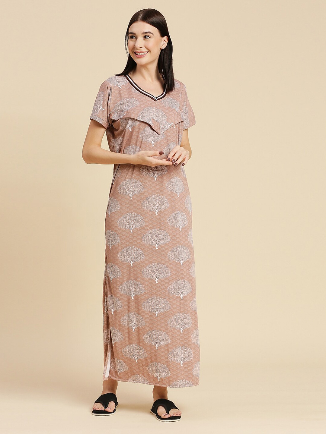 

Pretty Awesome Printed Maternity Feeding Maxi Nightdress, Brown