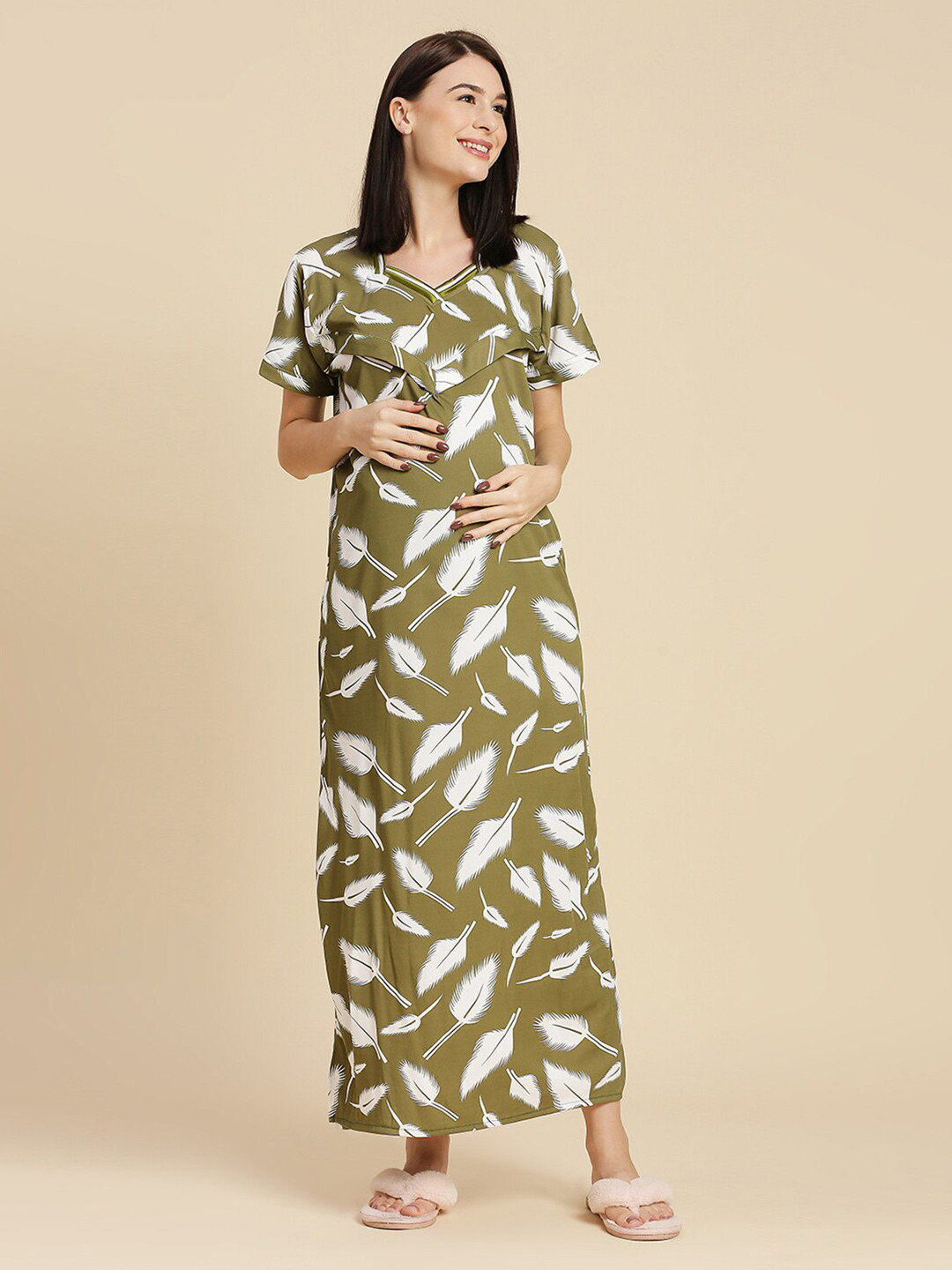 

Pretty Awesome Printed Maternity Feeding Maxi Nightdress, Olive