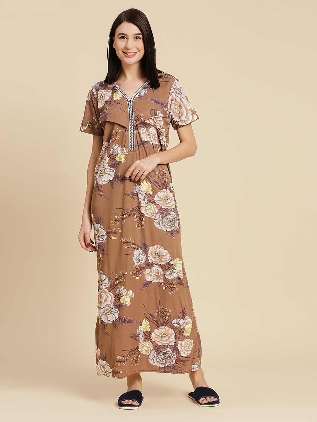 

Pretty Awesome Printed Maternity Feeding Maxi Nightdress, Brown