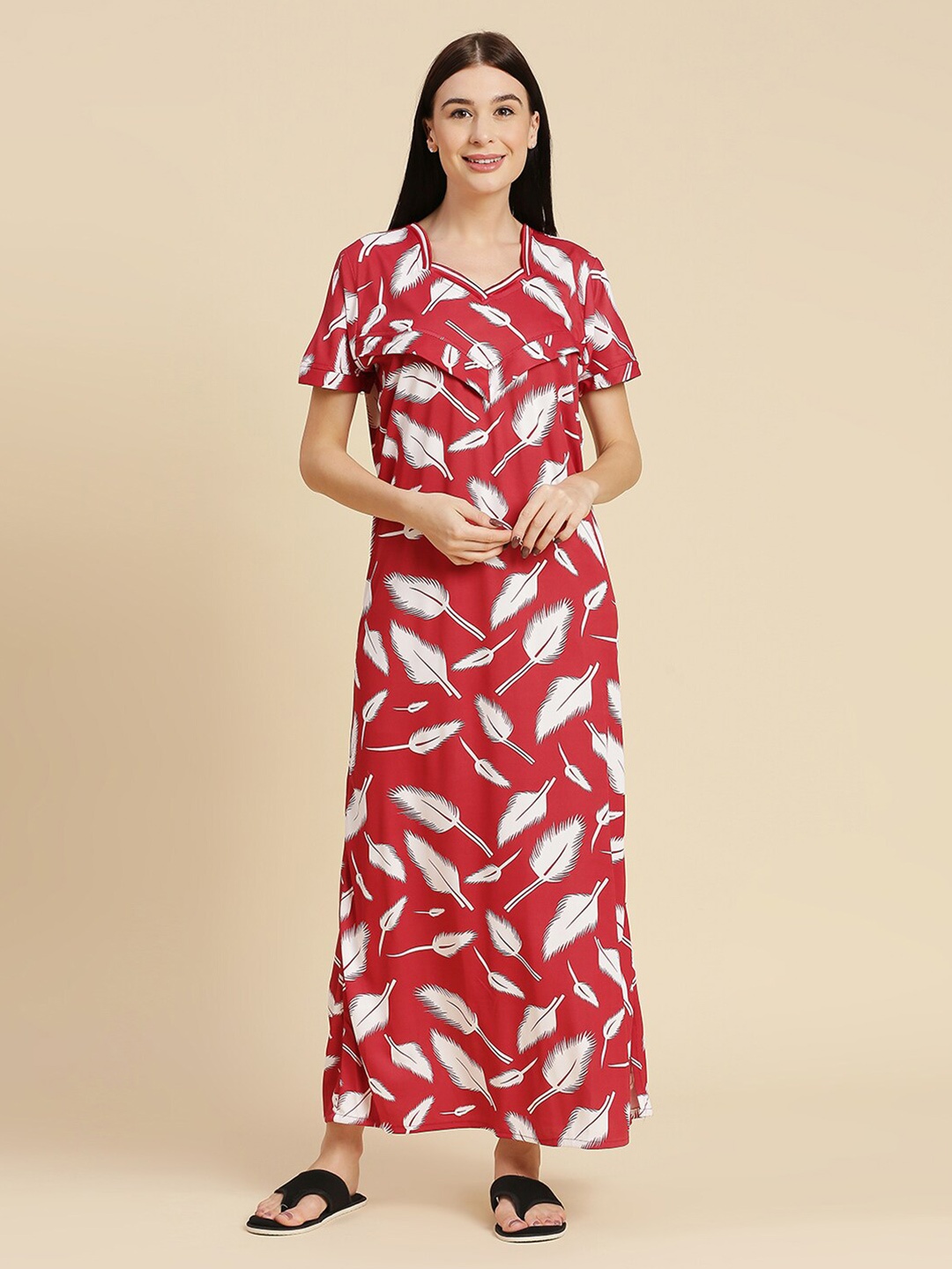 

Pretty Awesome Printed Maternity Feeding Maxi Nightdress, Red