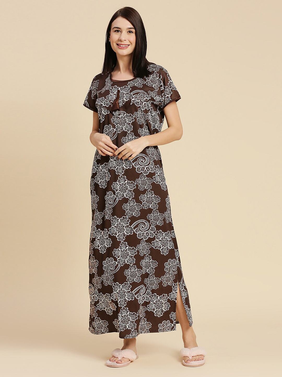 

Pretty Awesome Printed Maternity Feeding Maxi Nightdress, Brown