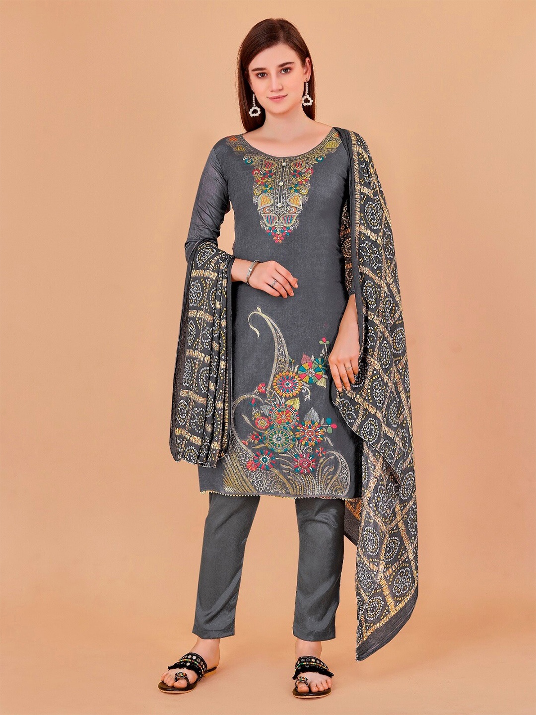 

APNISHA Ethnic Motifs Printed Pure Cotton Unstitched Dress Material, Grey