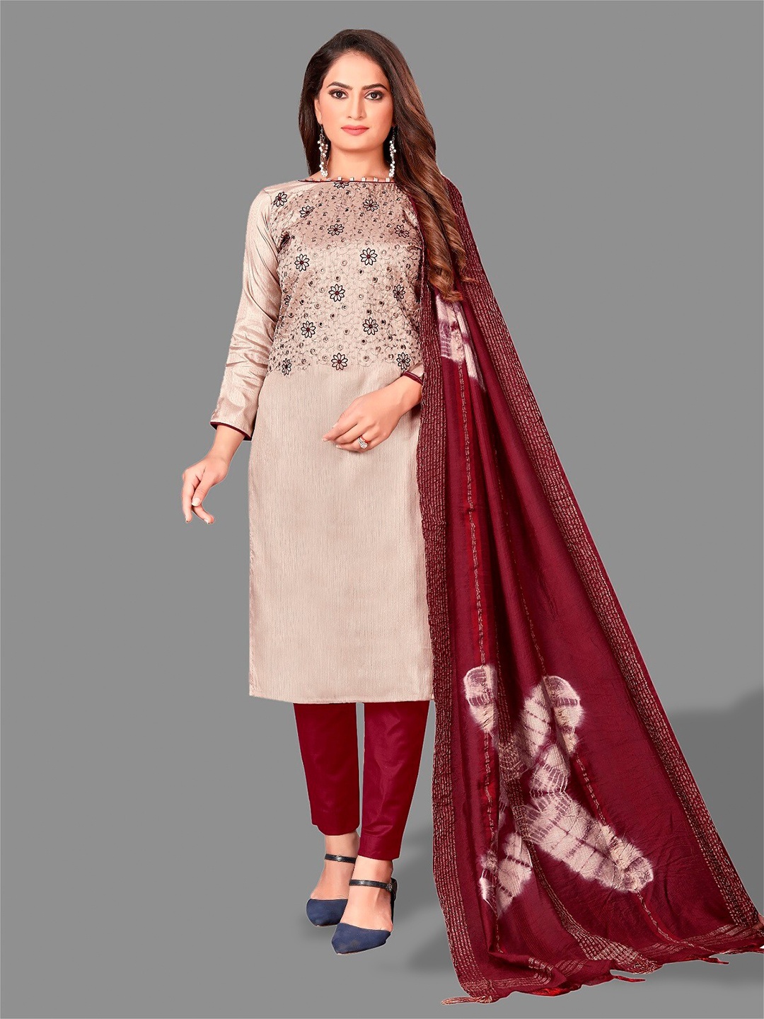 

APNISHA Embroidered Unstitched Dress Material, Cream
