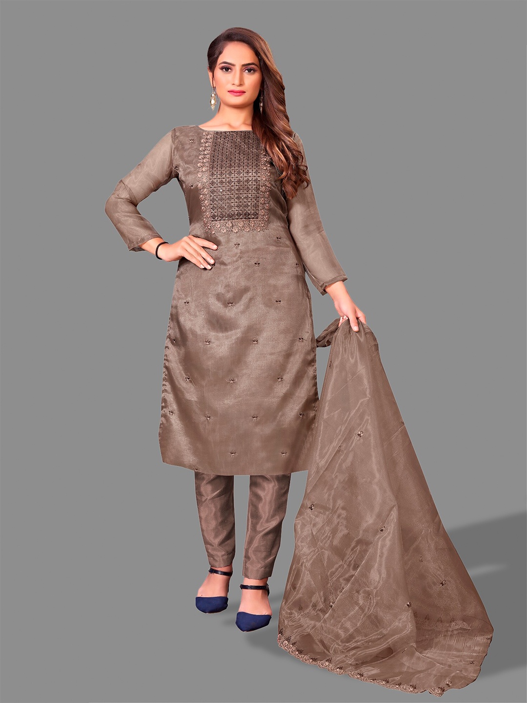 

APNISHA Embroidered Organza Unstitched Dress Material, Brown