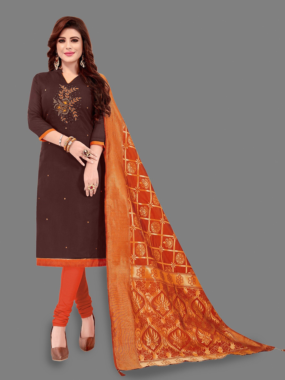 

APNISHA Embroidered Pure Cotton Unstitched Dress Material, Brown