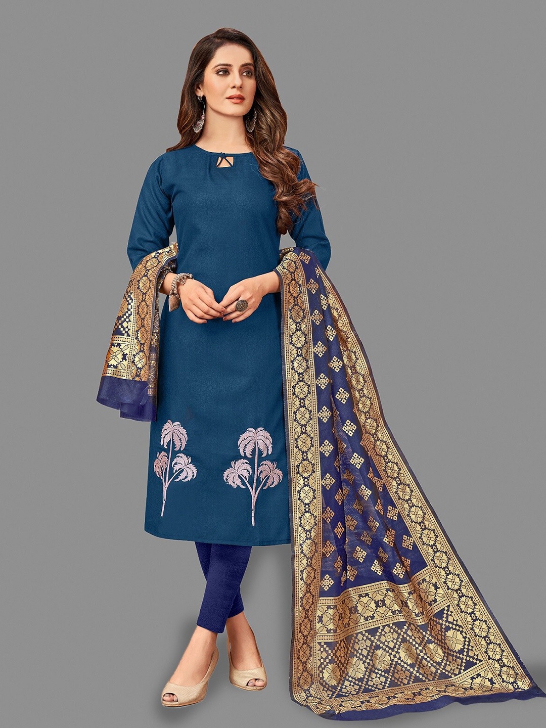 

APNISHA Embroidered Pure Cotton Unstitched Dress Material, Blue