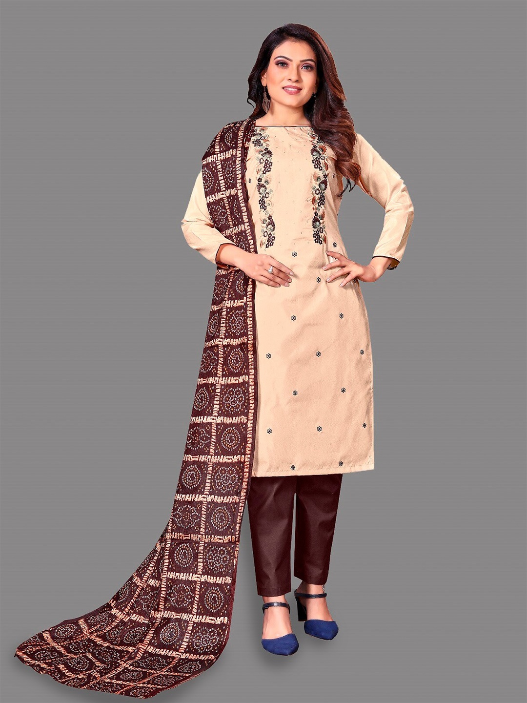 

APNISHA Floral Embroidered Unstitched Dress Material, Beige
