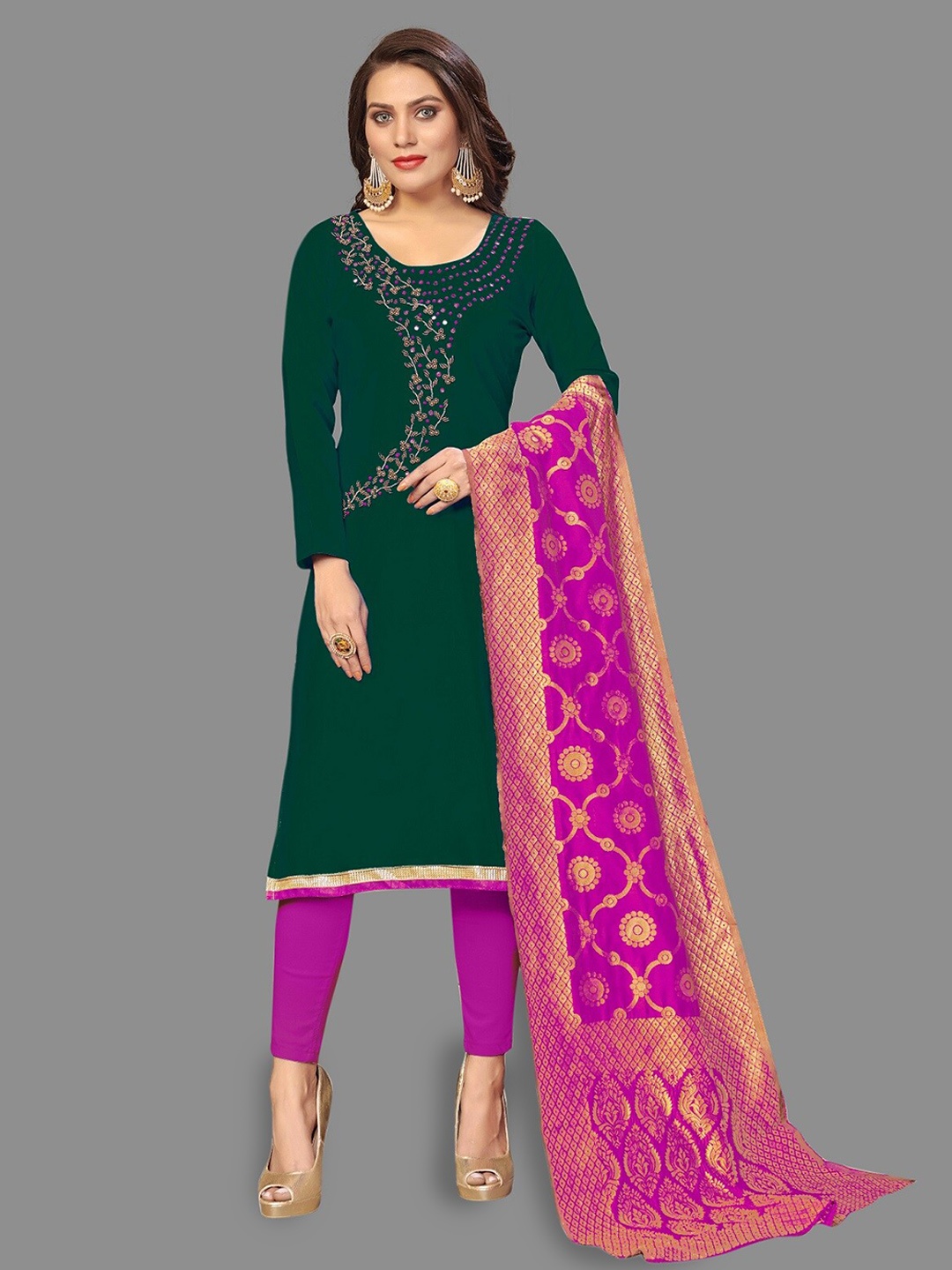 

APNISHA Ethnic Motifs Embroidered Pure Cotton Unstitched Dress Material, Magenta
