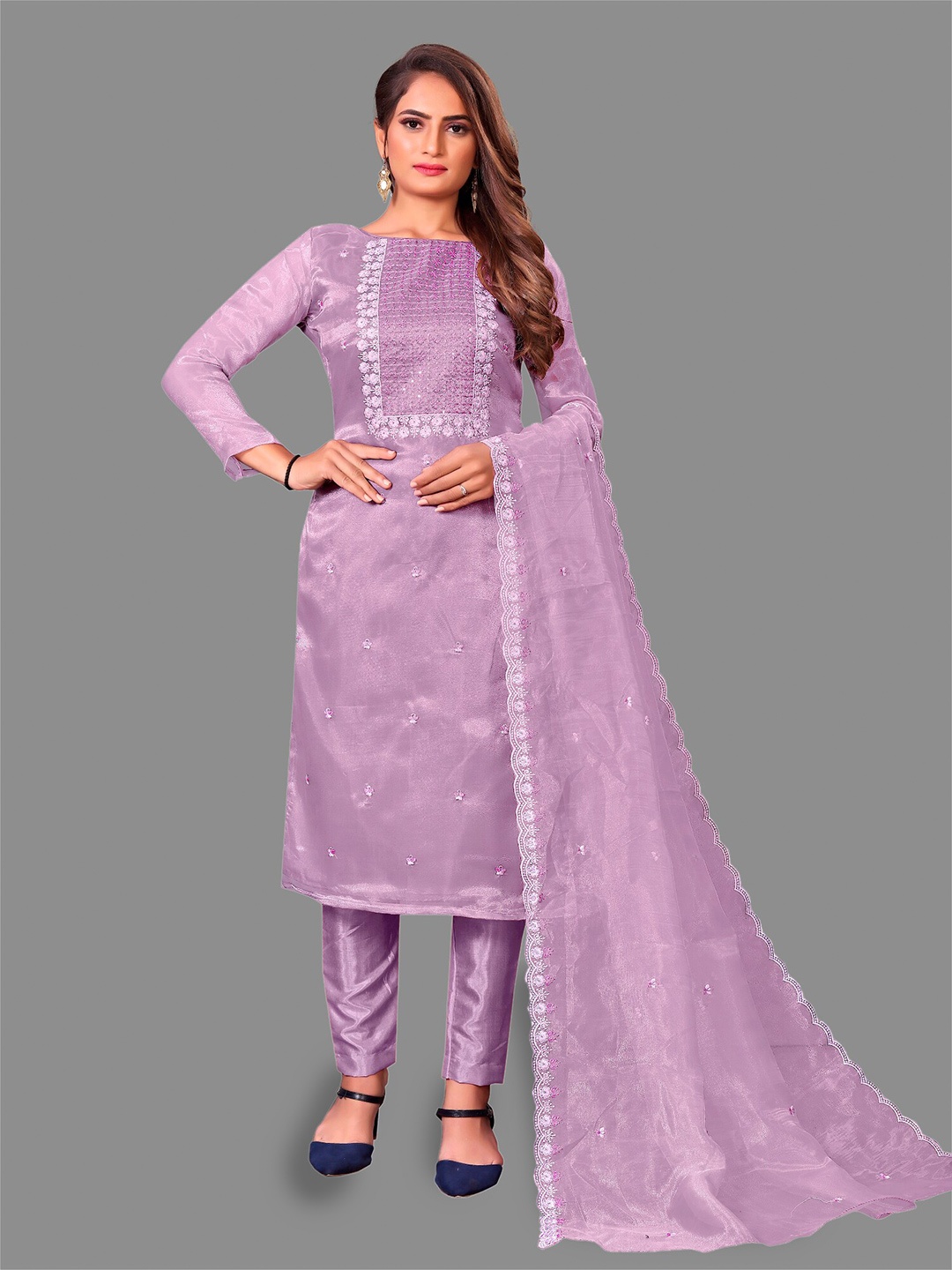 

APNISHA Floral Embroidered Unstitched Dress Material, Lavender