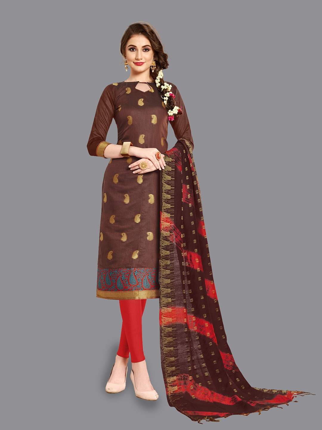 

APNISHA Woven Design Pure Cotton Unstitched Dress Material, Coffee brown