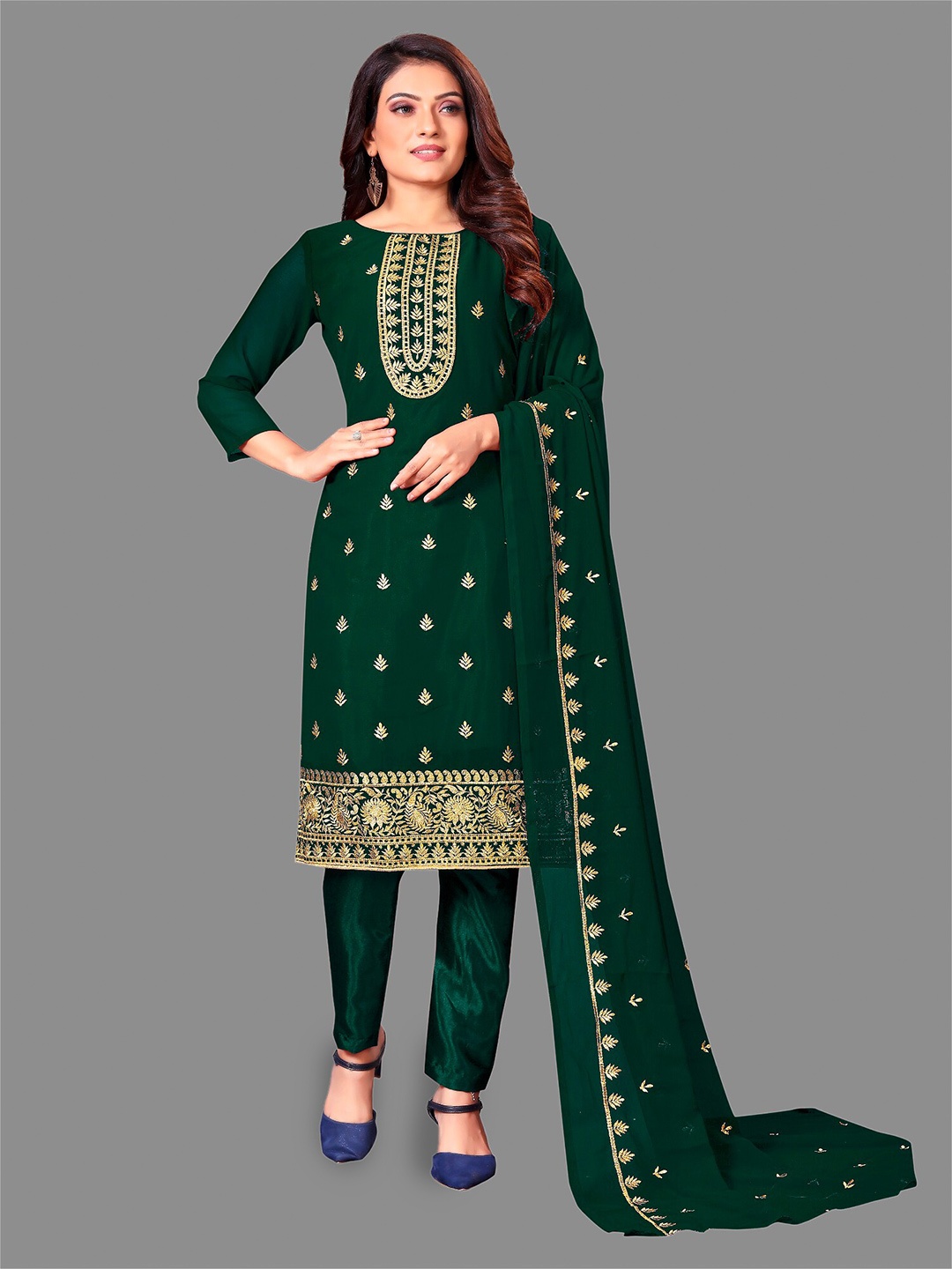 

APNISHA Ethnic Motifs Embroidered Unstitched Dress Material, Green