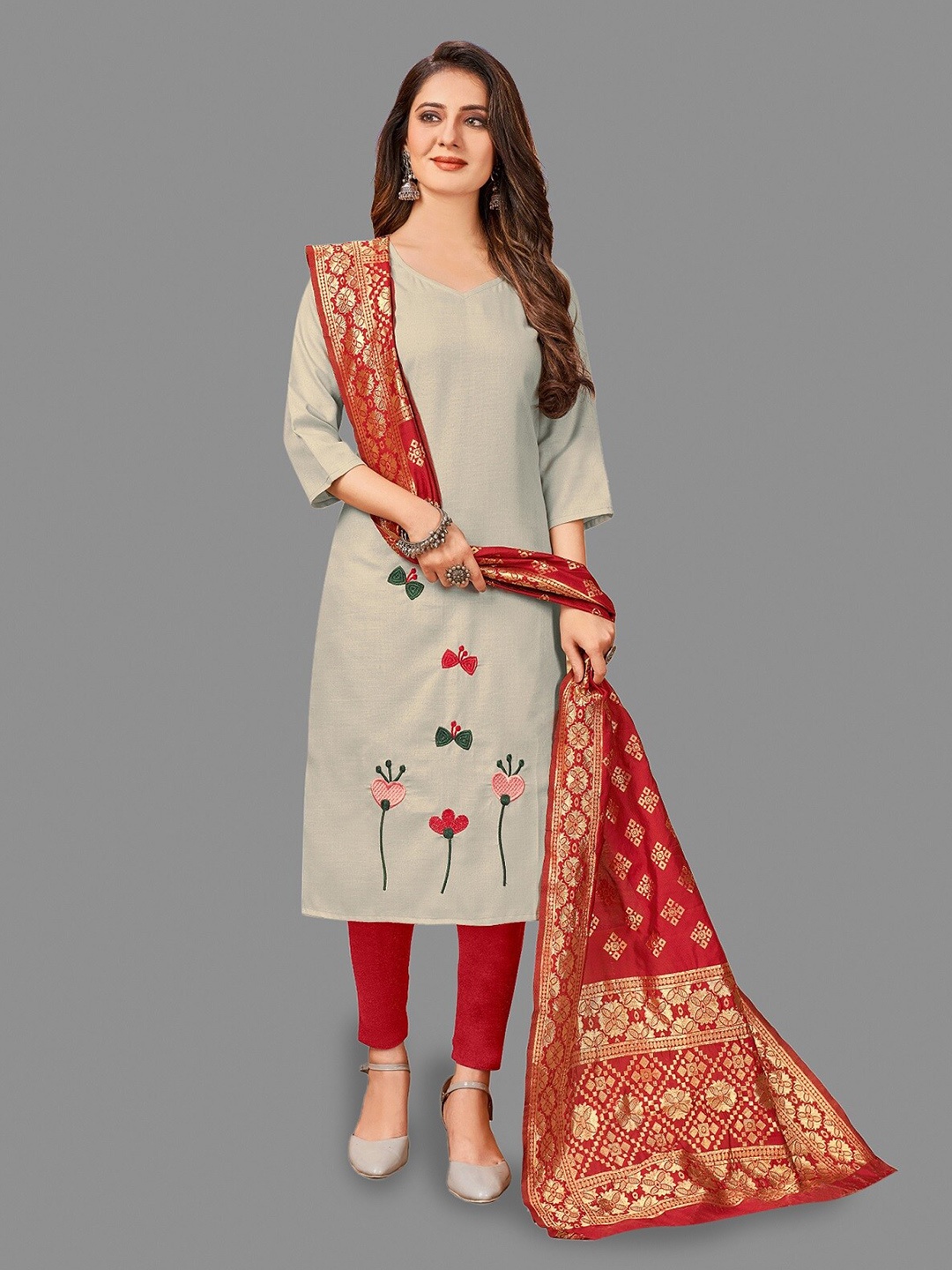 

APNISHA Embroidered Unstitched Dress Material, Beige