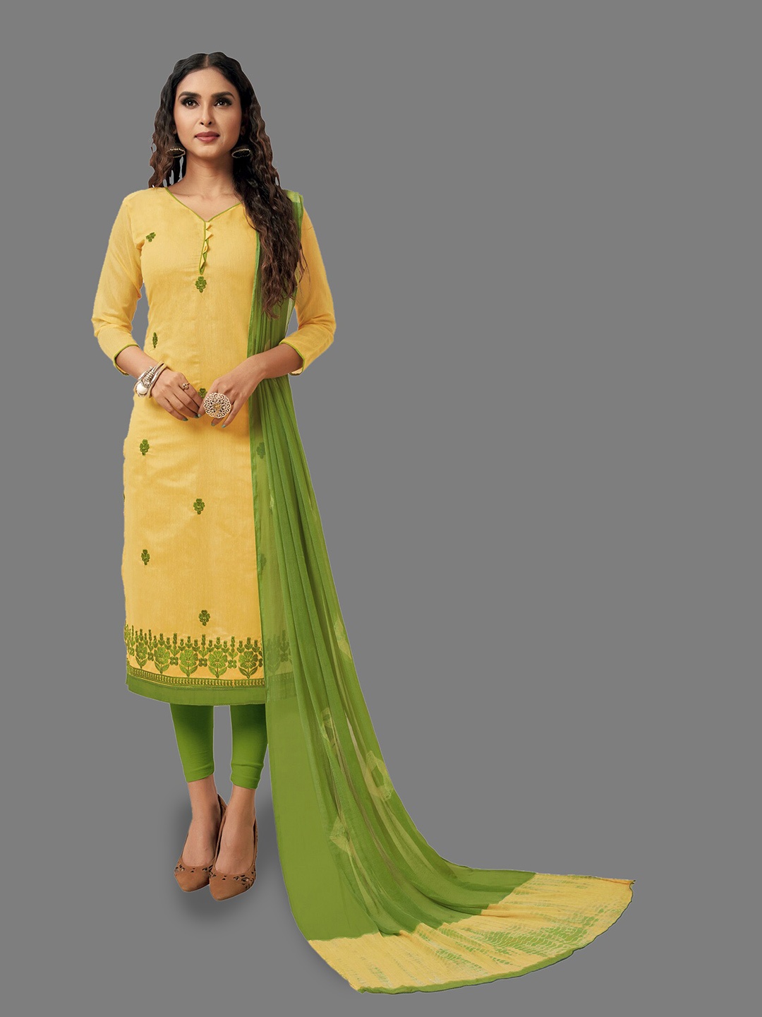 

APNISHA Ethnic Motifs Embroidered Unstitched Dress Material, Yellow
