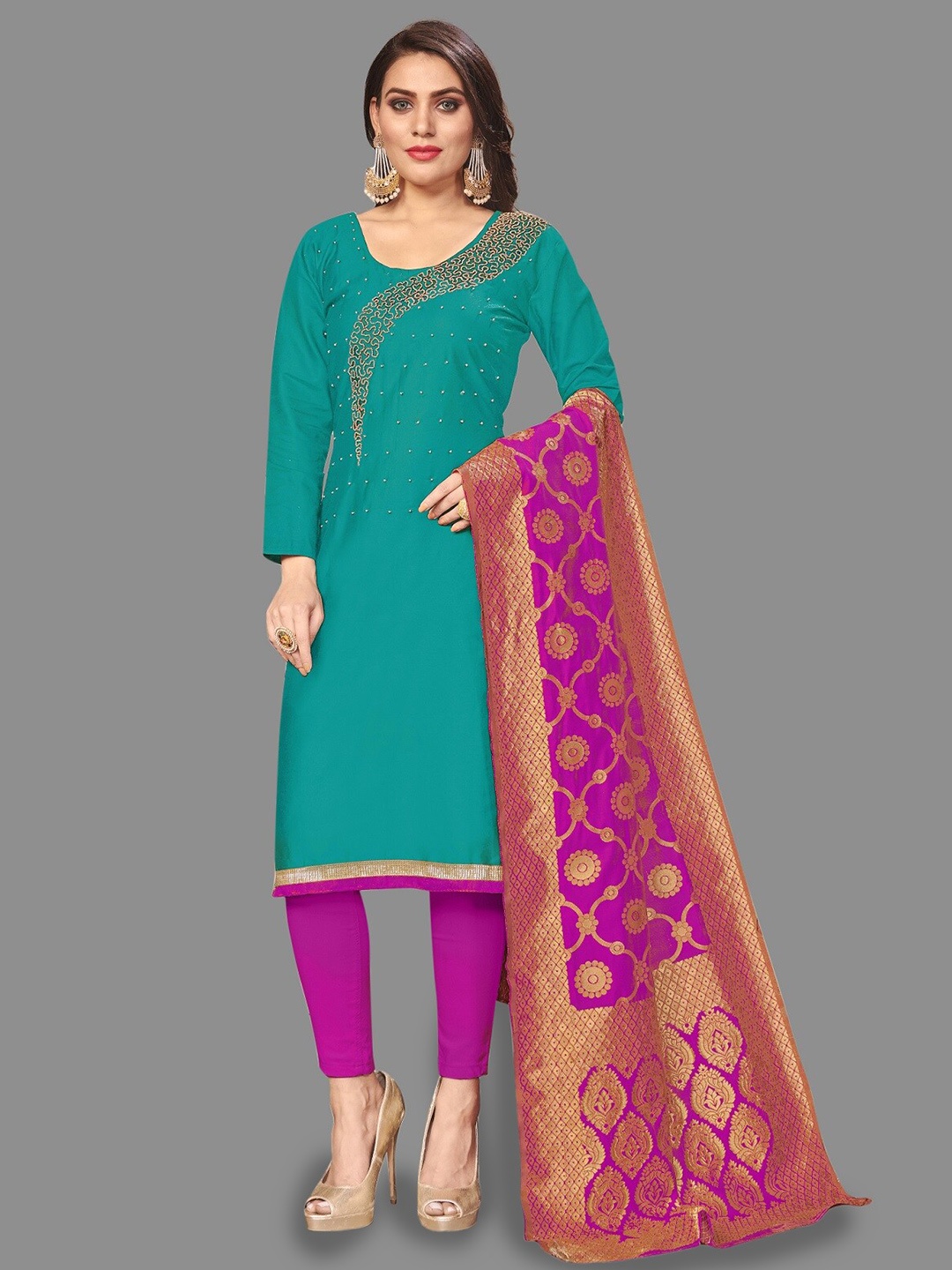 

APNISHA Abstract Embroidered Pure Cotton Unstitched Dress Material, Olive