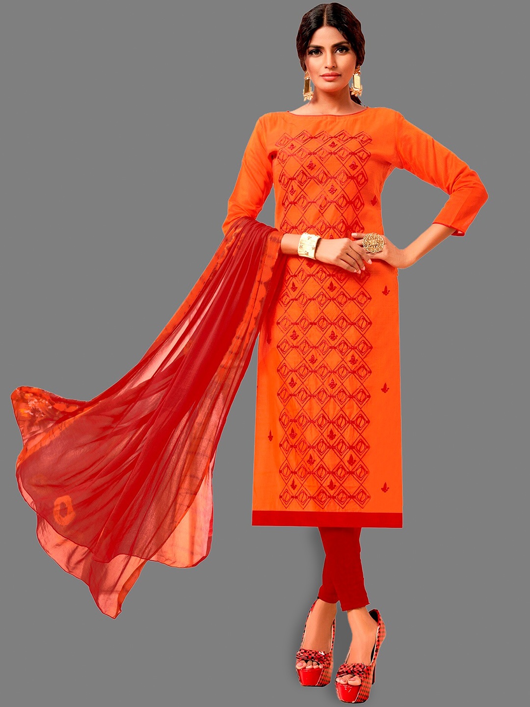 

APNISHA Geometric Printed Unstitched Dress Material, Orange