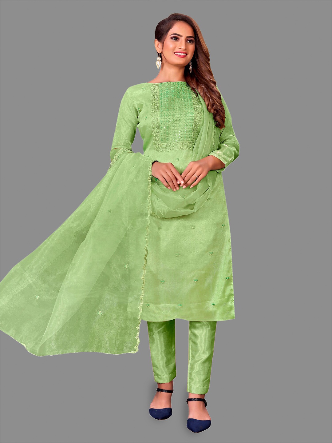 

APNISHA Ethnic Motifs Embroidered Sequined Organza Unstitched Dress Material, Green