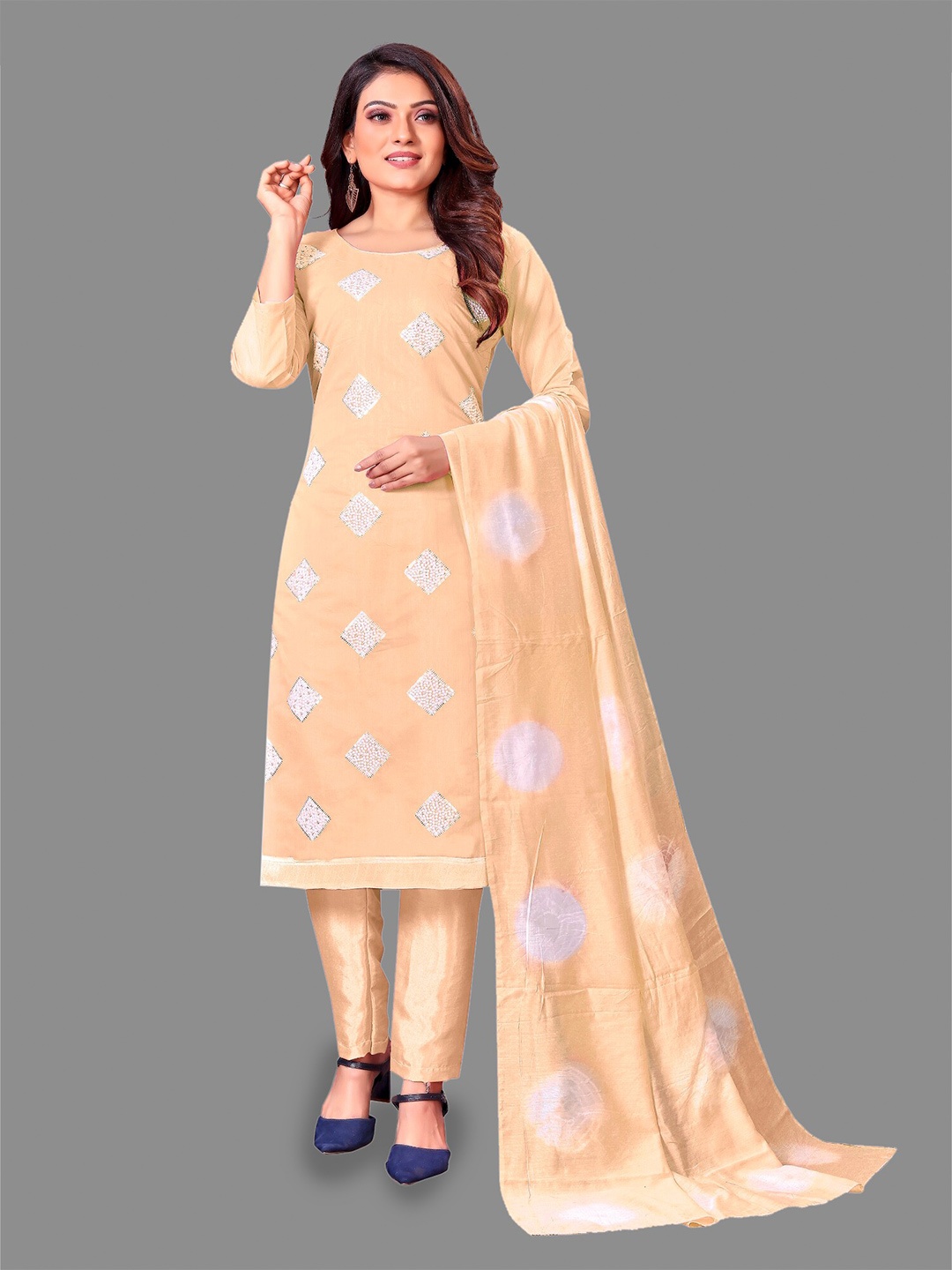 

APNISHA Geometric Embroidered Unstitched Dress Material, Beige