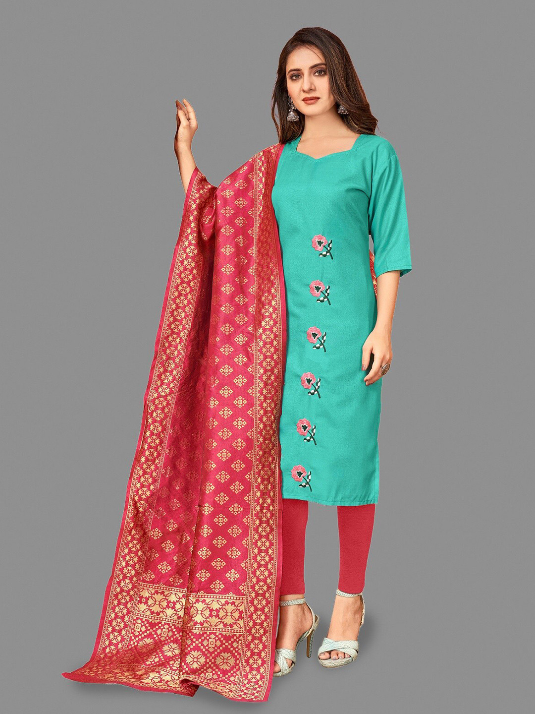 

APNISHA Floral Embroidered Pure Cotton Unstitched Dress Material, Green