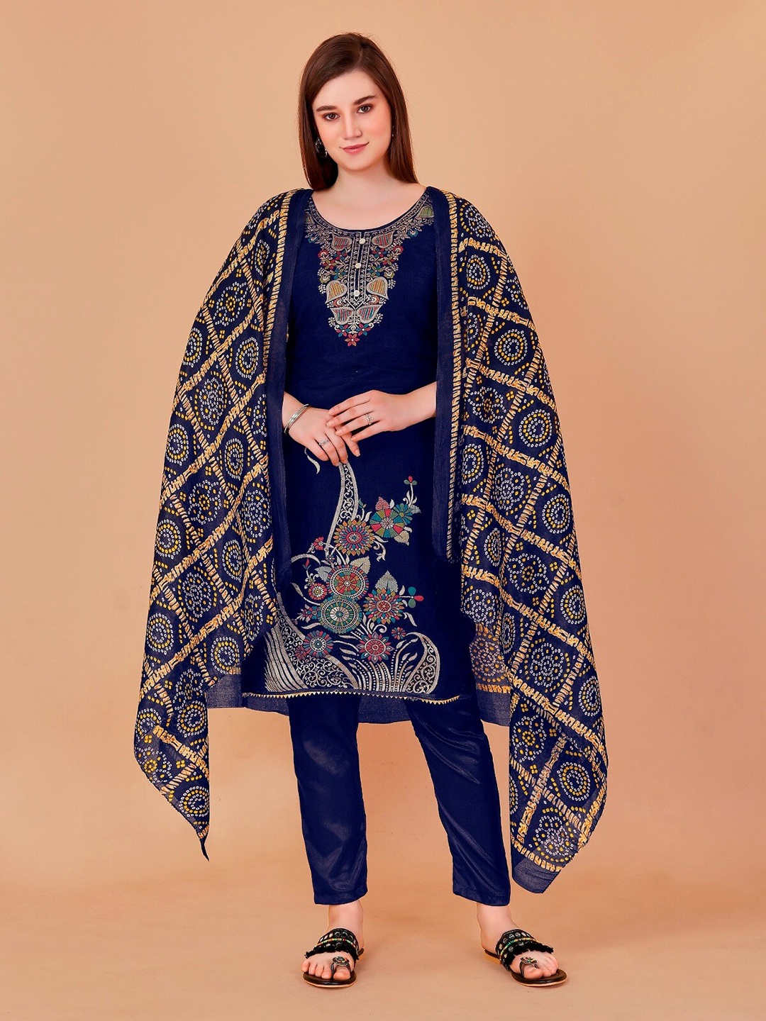 

APNISHA Ethnic Motifs Embroidered Unstitched Dress Material, Blue
