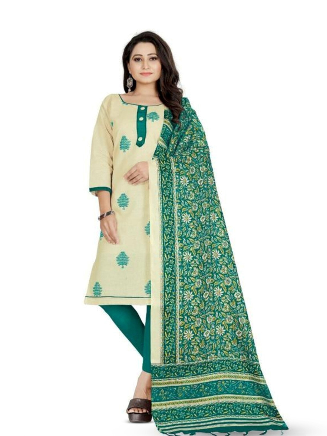 

APNISHA Ethnic Motifs Printed Pure Cotton Unstitched Dress Material, Green