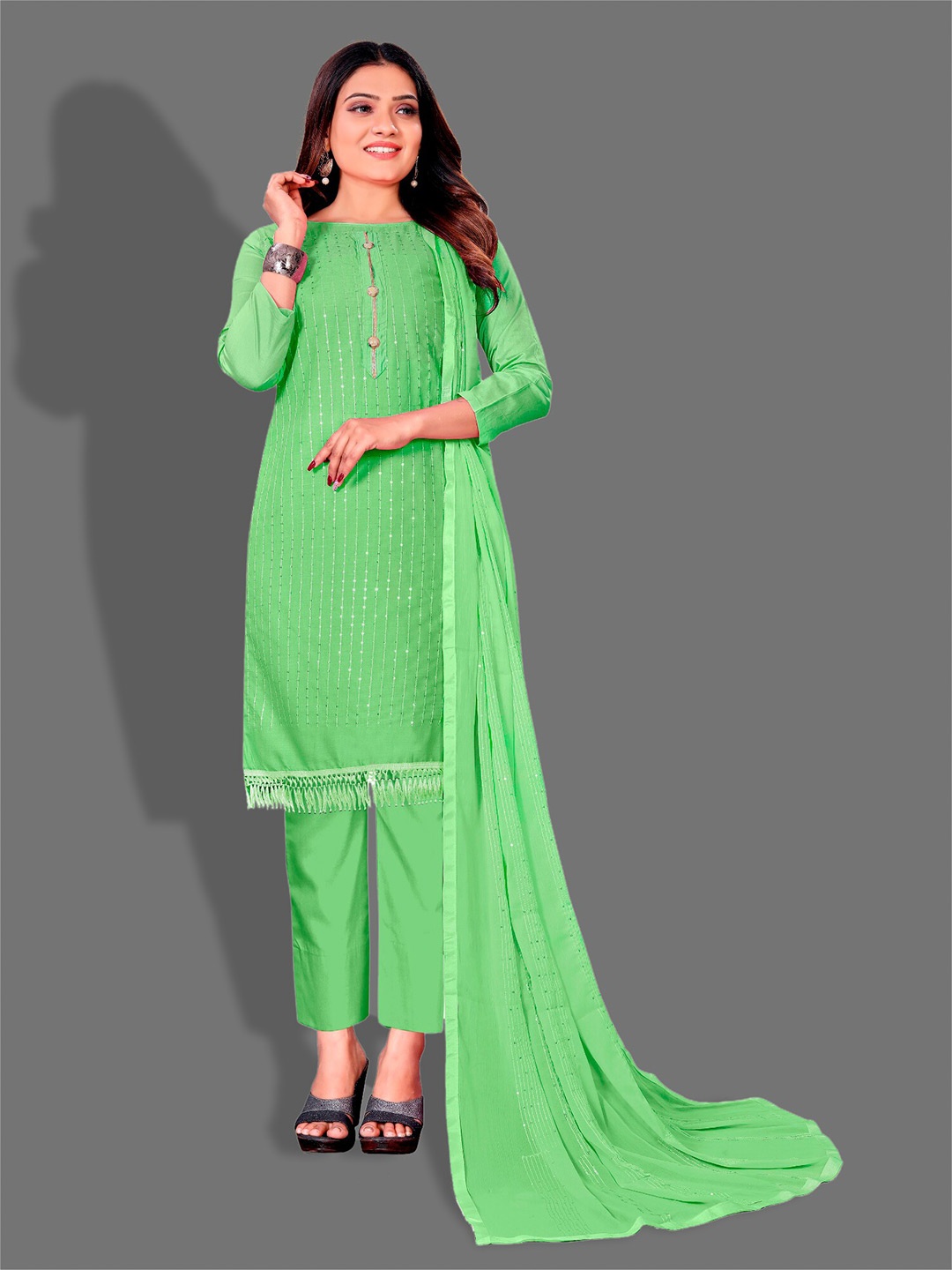 

APNISHA Ethnic Motifs Embroidered Sequined Unstitched Dress Material, Green