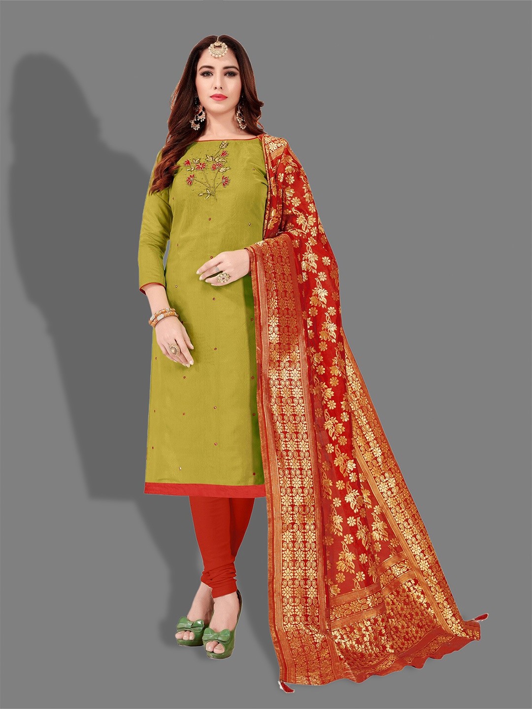 

APNISHA Floral Embroidered Pure Cotton Unstitched Dress Material, Olive