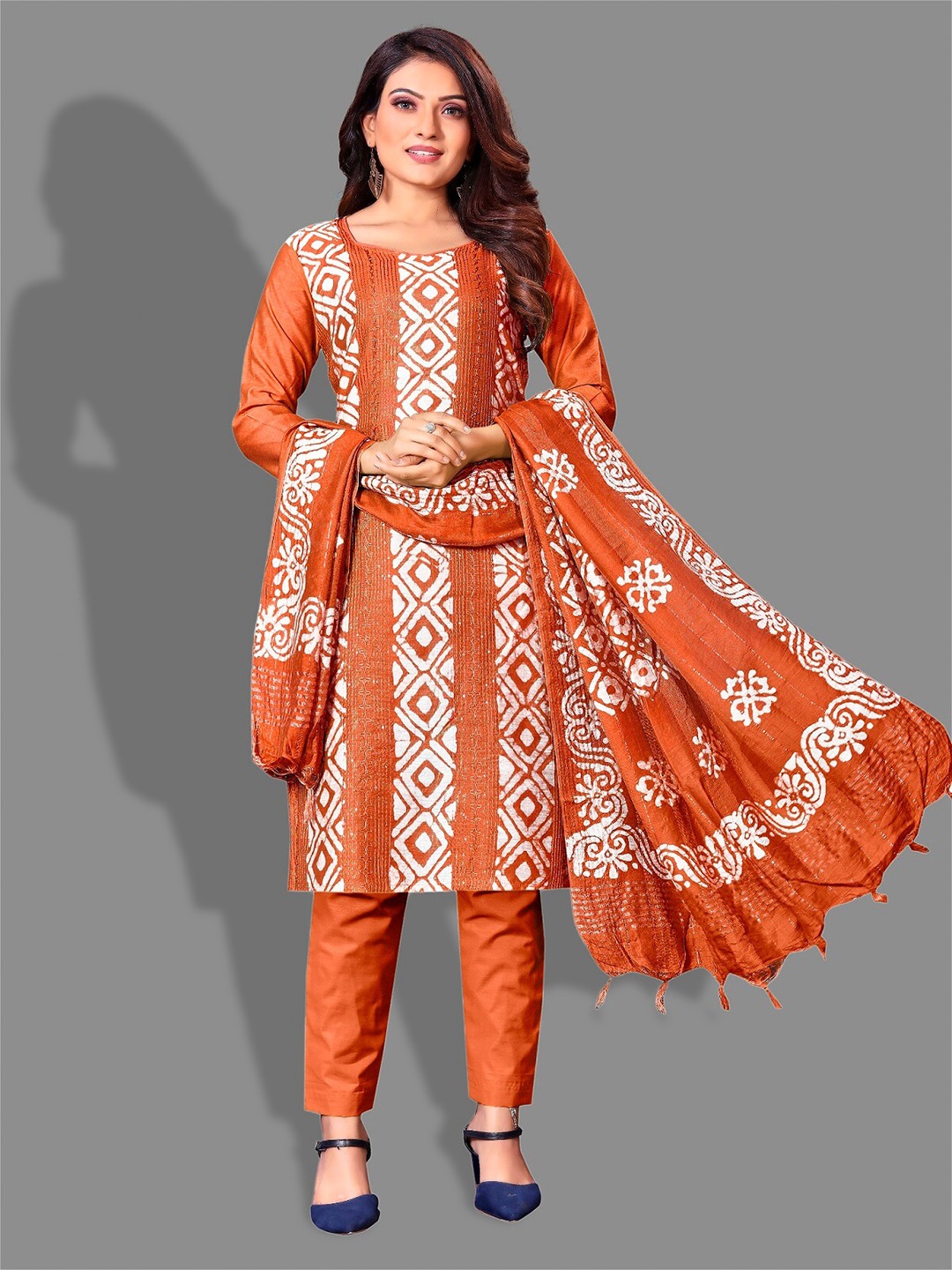 

APNISHA Ethnic Motifs Printed Embroidered Unstitched Dress Material, Orange