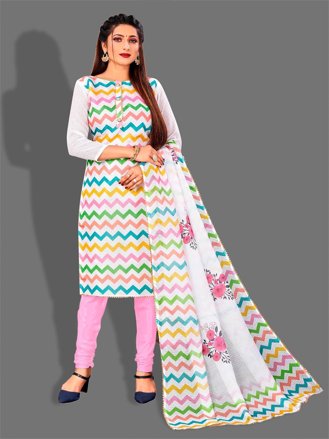 

APNISHA Chevron Printed Unstitched Dress Material, Pink