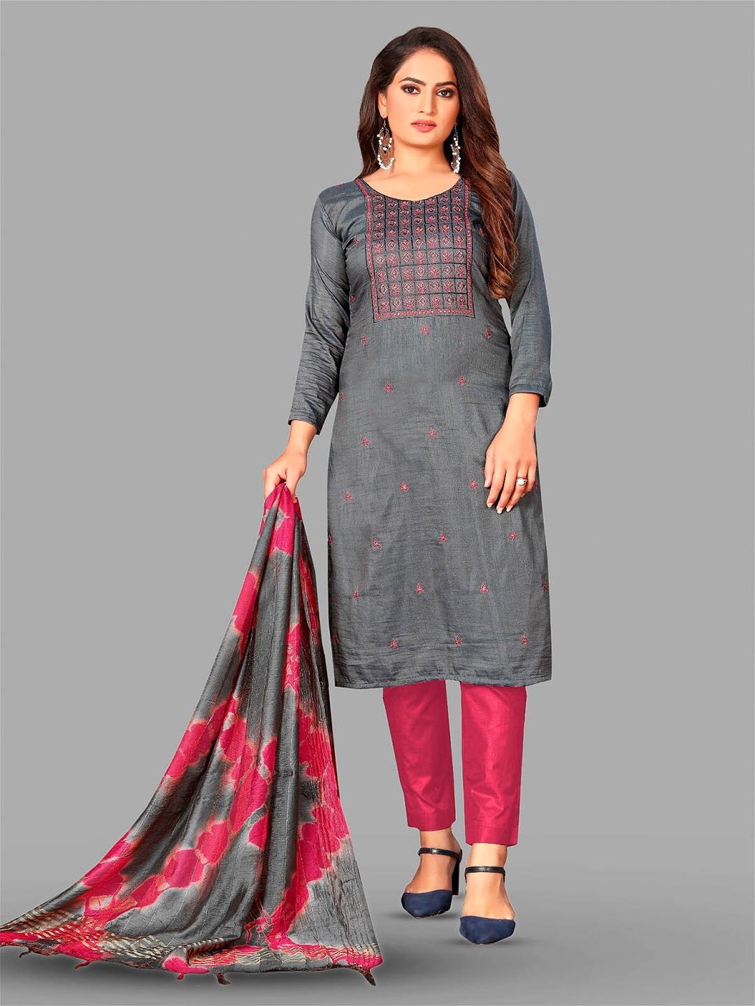 

APNISHA Embroidered Unstitched Dress Material, Grey