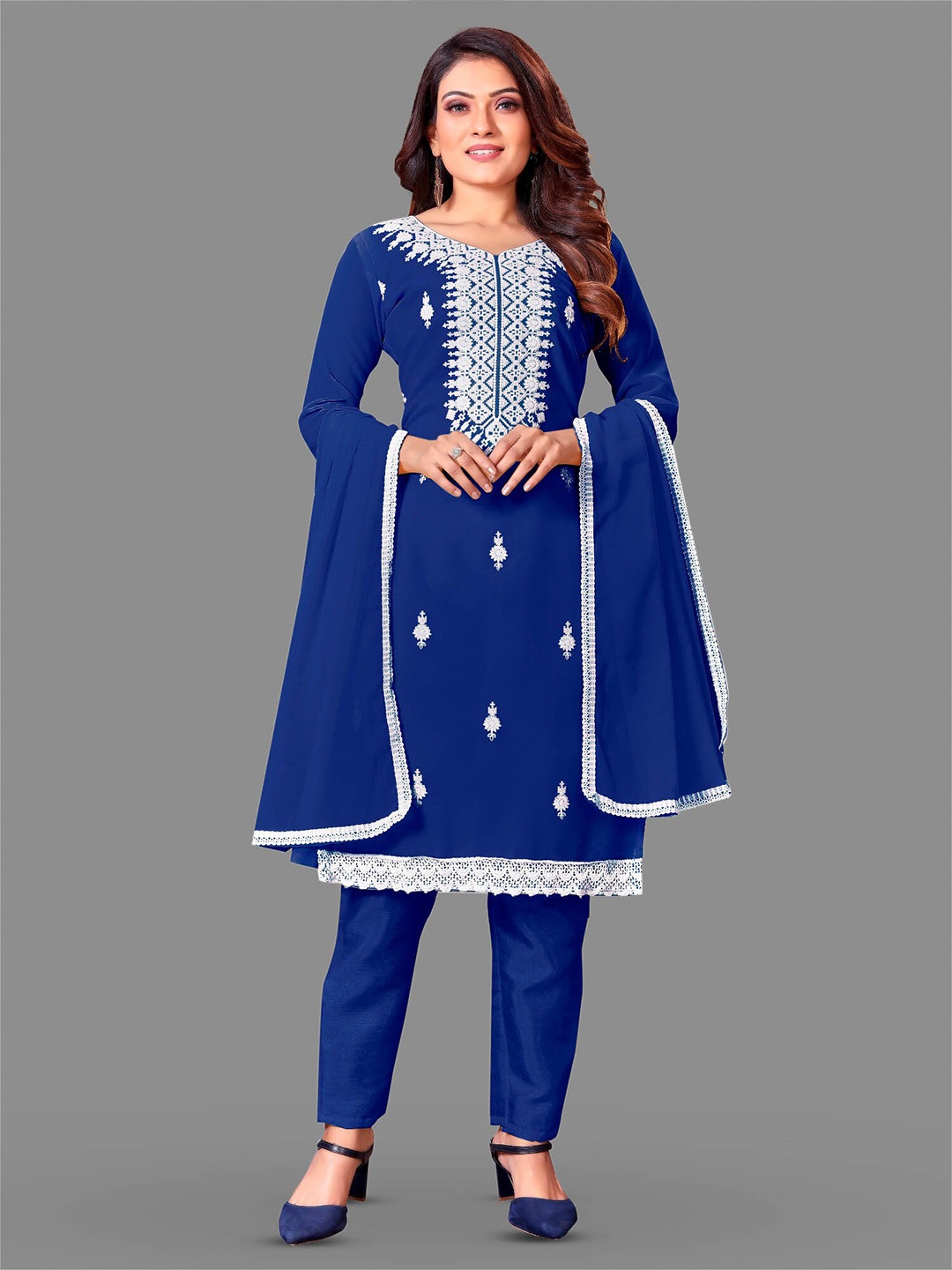 

APNISHA Chikankari Embroidered Unstitched Dress Material, Navy blue