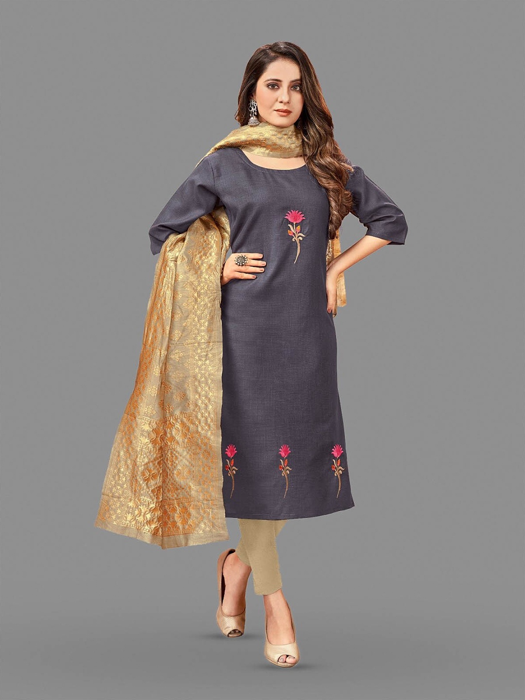 

APNISHA Floral Embroidered Unstitched Dress Material, Grey