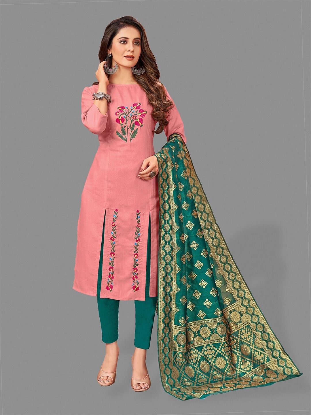 

APNISHA Embroidered Pure Cotton Unstitched Dress Material, Pink