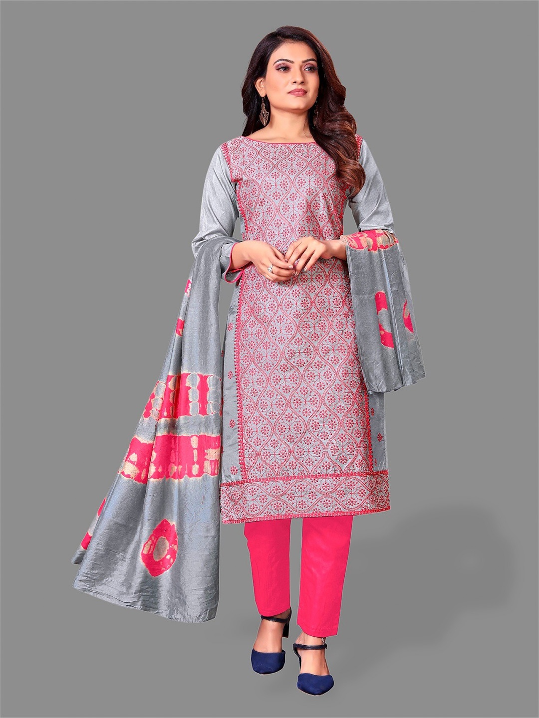 

APNISHA Embroidered Unstitched Dress Material, Grey
